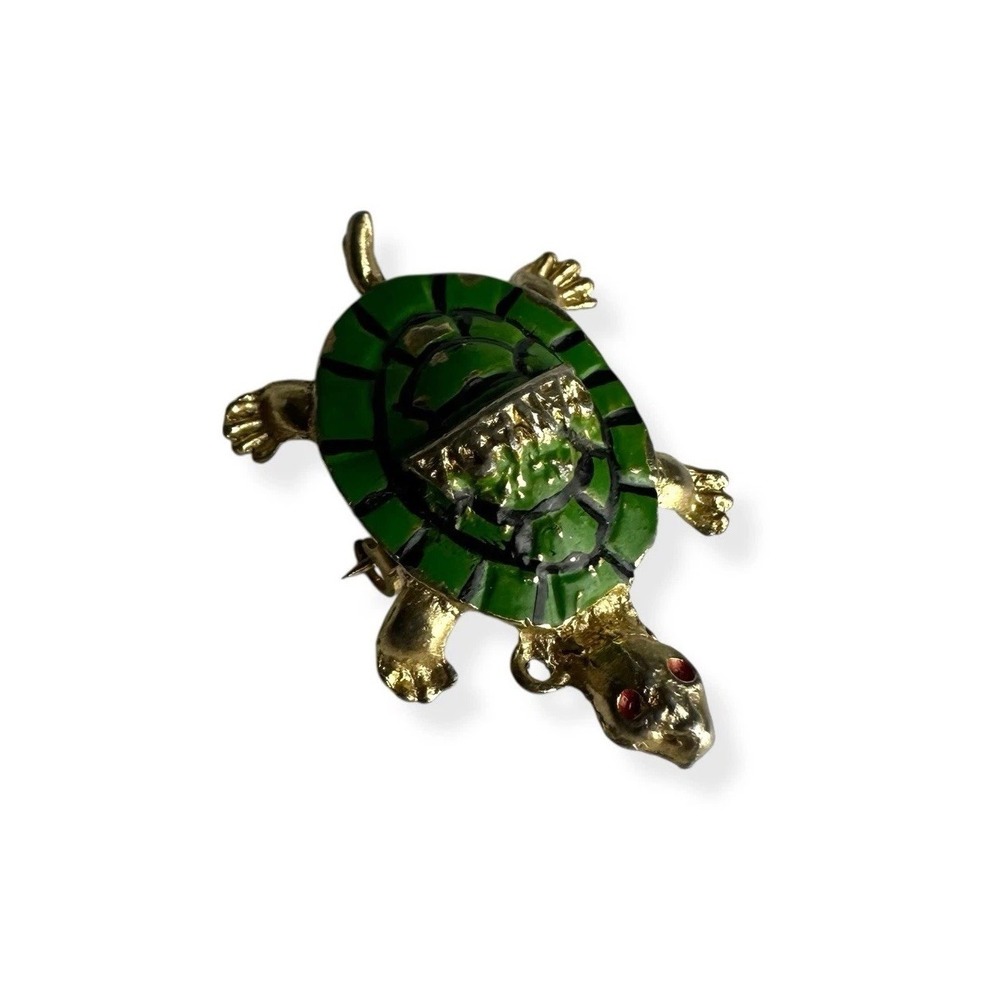 Vintage Canada Gold Tone‎ & Enamel Green Turtle Brooch Pin Red Eyes Souvenir
